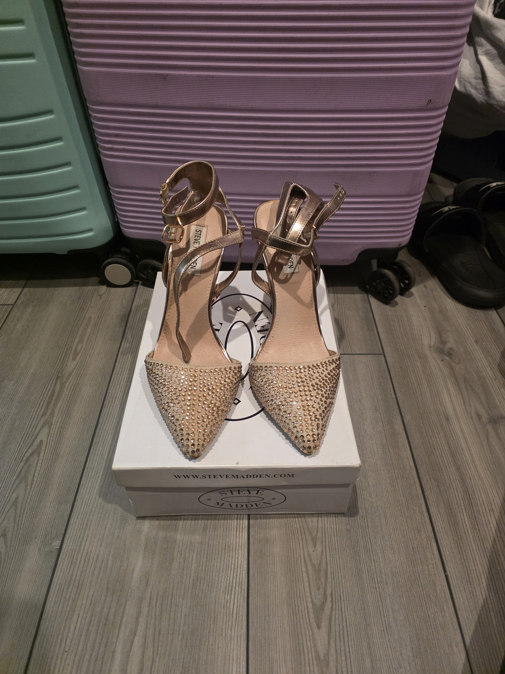 Steve Madden Gold Crystal Pointed-Toe Ankle Strap Heels